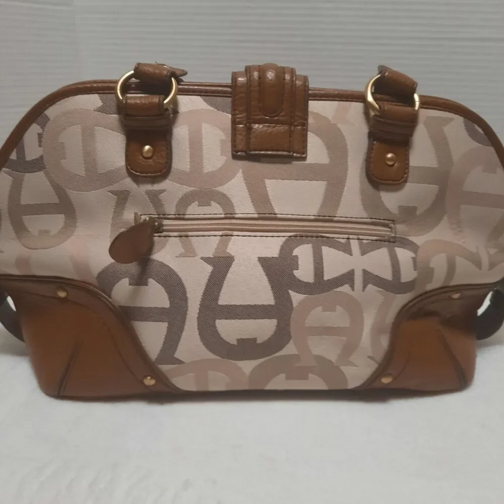 Etienne Aigner Signature Canvas Leather Satchel Shoulder Bag Brown Tan Monogram